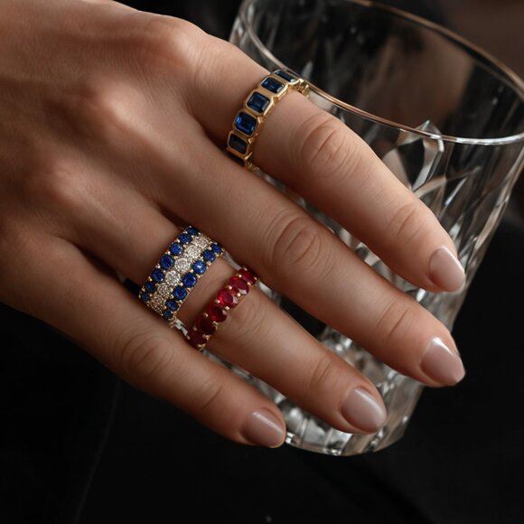 Oval Ruby 14K (or 18k upon request) Yellow Gold Eternity Band Ring - Picture 3 of 5